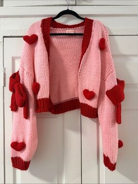 Pink & Red Heart Appliqué Cropped Cardigan